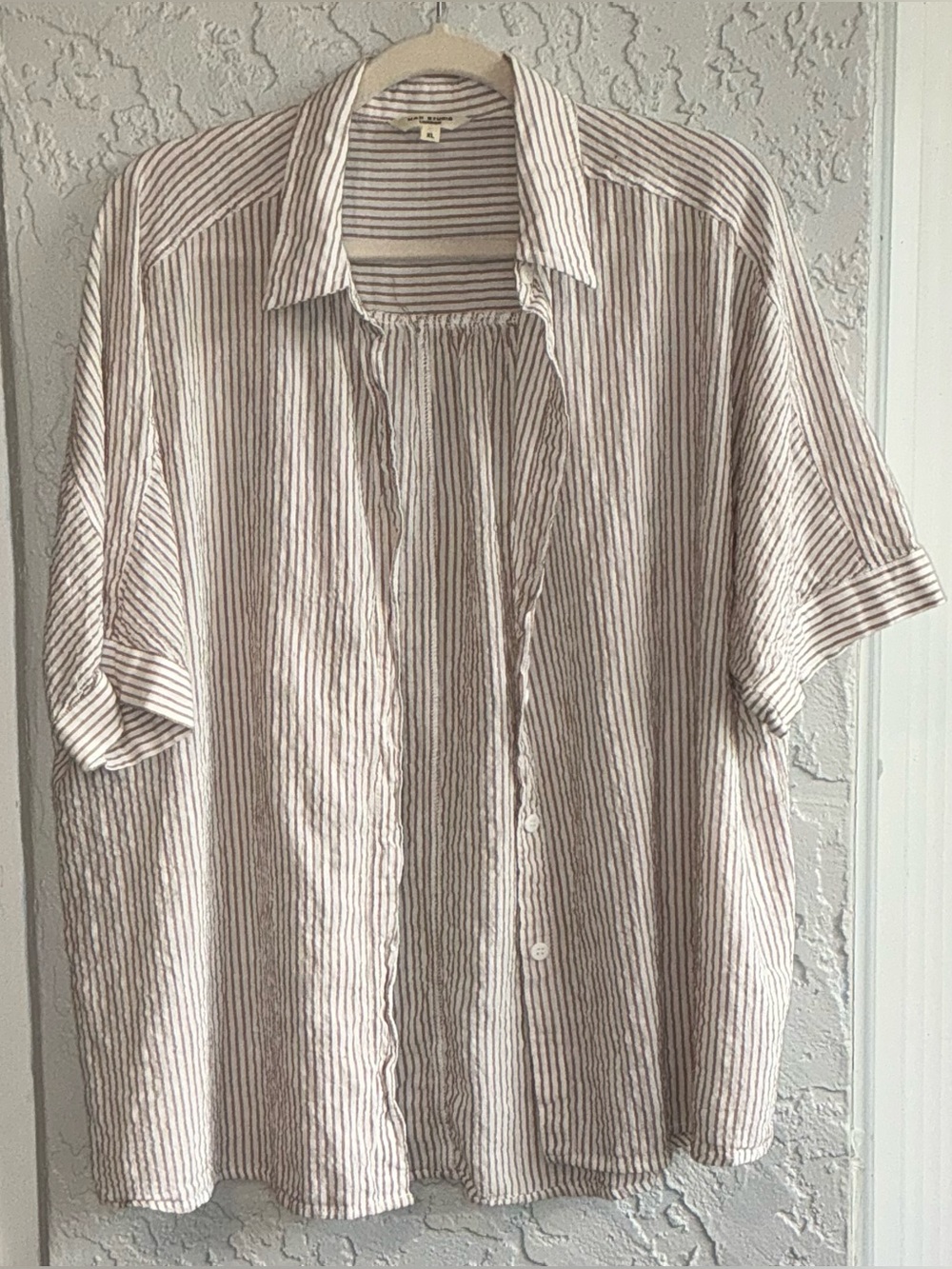Max Studio Short-Sleeve Striped Button-Up Shirt — Cream & Tan